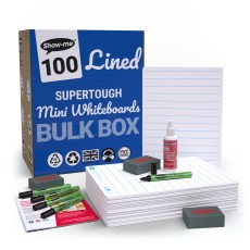 Show-me Bulk Box of 100 x A4 Lined/Plain SUPERTOUGH Whiteboards, with pens and erasers plus 1 free c