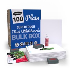 Show-me Bulk Box of 100 x A4 Plain/Plain SUPERTOUGH Whiteboards, pens and erasers plus 1 free cleane