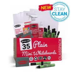 Show-me Classpack of 35 x A4 Plain/Plain Whiteboards, with pens and erasers plus 2 free cleaners.