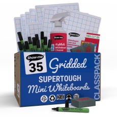 Show-me Classpack of 35 x A4 Gridded/Plain SUPERTOUGH Whiteboards, with pens and erasers plus 1 free