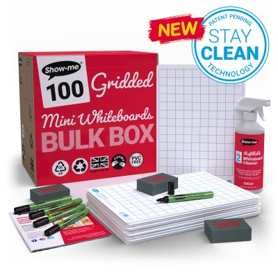 Show-me Bulk Box of 100 x A4 Gridded/Plain Whiteboards, pens and erasers plus 2 free cleaners.