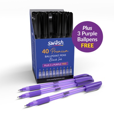 Swash Pack of 40 Premium Triangular Ballpoint Pens with rubber-grip, Black plus 3 FREE Purple