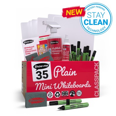 Show-me Classpack of 35 x A4 Plain/Plain Whiteboards, with pens and erasers plus 2 free cleaners.