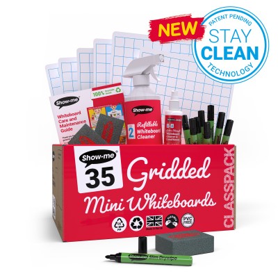 Show-me Classpack of 35 x A4 Gridded/Plain Whiteboards, with pens and erasers plus 2 free cleaners.